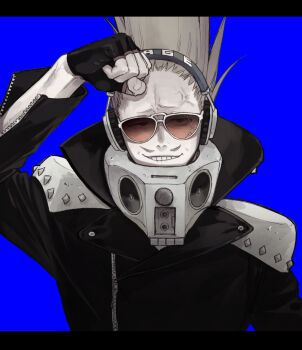 1boy amplifier anger_vein artist_name blonde_hair boku_no_hero_academia clenched_hand costume crack cracked_glass crested_hair epaulettes facial_hair fingerless_gloves gloves hair_up headphones high_collar jacket leather leather_jacket limited_palette male_focus mustache muted_color present_mic rivets simple_background solo tinted_eyewear unzipped ura_musi zipper zipper_pull_tab