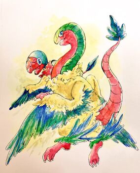 Rule 34 | animal focus, archen, archeops, blue eyes, claws, evolutionary line, full body, gen 5 pokemon, highres, looking at viewer, mint nappa, nintendo, no humans, open mouth, painting (medium), pokemon, pokemon (creature), simple background, traditional media, watercolor (medium)