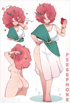 1girl ;) afro ancient_greek_clothes ass back bracelet breasts character_name choker cleavage commentary completely_nude dress english_text fingernails flower food from_behind fruit full_body greco-roman_clothes green_eyes hair_flower hair_ornament highres hip_tattoo holding holding_food holding_fruit jewelry large_breasts leaf leaf_hair_ornament lieumare mole mole_on_ass nude one_eye_closed original persephone_(lieumare) pomegranate red_hair reference_sheet side_slit smile solo talking tattoo teeth toenails white_dress