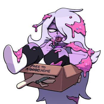 2girls :3 amethyst_(steven_universe) boots box chest_jewel colored_skin commentary discount-supervillain disembodied_hand english_commentary for_adoption gem gem_(steven_universe) grey_hair hair_over_one_eye hair_sprinkles icing in_box in_container lips long_hair messy_eater messy_hair multiple_girls pearl_(steven_universe) pen purple_gem purple_skin round_nose sitting smile sprinkles steven_universe thick_lips tongue tongue_out