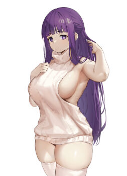 Rule 34 | 1girl, adjusting hair, arm up, armpits, blunt bangs, breasts, closed mouth, desperate airpo, expressionless, fern (sousou no frieren), highres, large breasts, long hair, naked sweater, purple eyes, purple hair, sideboob, simple background, skindentation, solo, sousou no frieren, sweater, thighhighs, thighs, turtleneck, turtleneck sweater, very long hair, virgin killer sweater, white background, white thighhighs