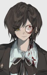 Rule 34 | 1girl, anzekeye, blood, blood on clothes, blood on face, bow, bowtie, brown bow, brown bowtie, brown hair, brown jacket, collared shirt, highres, jacket, limbus company, looking at viewer, monocle, outis (project moon), portrait, project moon, shirt, short hair, simple background, solo, white background, white shirt, wing collar, yellow eyes