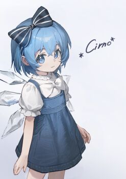 Rule 34 | 1girl, absurdres, alternate costume, blue bow, blue dress, blue eyes, blue hair, bow, bowtie, character name, cirno, closed mouth, commentary request, detached wings, dress, hair bow, highres, ice, ice wings, looking at viewer, puffy short sleeves, puffy sleeves, shirt, short hair, short sleeves, siyumu, smile, solo, touhou, white bow, white bowtie, white shirt, wings