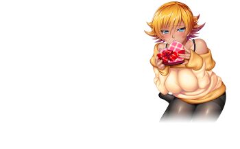 Rule 34 | 1girl, blonde hair, blue eyes, breasts, female focus, igawa sakura, kagami hirotaka, large breasts, lilith-soft, looking at viewer, orange hair, pantyhose, shiny skin, short hair, sitting, sweater, taimanin (series), taimanin asagi, taimanin asagi kessen arena