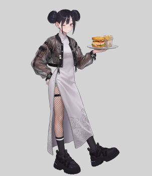 1girl absurdres banknote black_hair black_shoes black_socks brown_eyes buckle burger charm_(object) china_dress chinese_clothes closed_mouth commentary cropped_jacket dollar_bill double_bun dress fast_food fishnet_pantyhose fishnets food french_fries full_body grey_background grey_dress hair_bun hand_on_own_hip highres holding holding_tray jacket jaejae light_blush long_dress long_sleeves looking_at_viewer money one_eye_closed open_clothes open_jacket original pantyhose print_dress see-through_clothes see-through_jacket shoes simple_background snap-fit_buckle sneakers socks solo standing thigh_strap tray zipper zipper_pull_tab