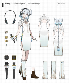 Rule 34 | 1girl, black boots, blue hair, boots, braid, breasts, buling (wuthering waves), china dress, chinese clothes, closed mouth, commentary request, dated, dress, headphones, highres, holding, holding microphone, long hair, looking at viewer, low-braided long hair, low-tied long hair, microphone, official alternate costume, reference sheet, short sleeves, shrug (clothing), side ponytail, small breasts, smile, socks, solo, suzuhi (fullprayer), white dress, white shrug, white socks, wuthering waves, yellow eyes