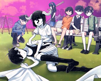 2girls :d ? abbi_(omori) ahoge antenna_hair arm_between_legs arm_rest aubrey_(faraway)_(omori) aubrey_(omori) bare_arms bare_shoulders baseball_bat basil_(faraway)_(omori) basil_(omori) beanie bench bikini bikini_bottom_only black-framed_eyewear black_bikini black_eyes black_gloves black_hair black_pants black_shirt black_shoes black_shorts black_socks black_sweater_vest black_tank_top blanket blue_hat blue_hoodie blue_skirt blunt_bangs blush bob_cut bow bright_pupils brothers brown_shorts chromatic_aberration clenched_teeth clothes_writing cloud collarbone collared_shirt colored_skin commentary_request double-parted_bangs drawstring dual_persona empty_eyes faceless faceless_female flower from_below full_body glasses gloves gradient_sky green_shirt hair_behind_ear hair_between_eyes hair_flower hair_ornament hand_on_own_hip hat hat_bow hatching_(texture) hero_(faraway)_(omori) hero_(omori) highres holding holding_baseball_bat holding_blanket hood hood_down hoodie kel_(faraway)_(omori) kel_(omori) knee_up knees_apart_feet_together loafers looking_at_another lying miniskirt monster_girl multiple_girls nail_(hardware) nail_bat no_pupils no_shoes omori omoriboy on_bench on_grass on_side open_mouth orange_shirt outdoors pants park_bench parted_lips pink_bow pink_flower pink_sky playground pleated_skirt prototype_design purple_sky sandals scylla shirt shoes short_hair short_sleeves shorts siblings sideways_glance sitting skirt sky smile socks squatting striped_clothes striped_shorts sunny_(omori) suspender_shorts suspenders sweatdrop sweater_vest swimsuit swing_set tank_top teeth tentacle_arm tentacle_hair toes v-shaped_eyebrows vertical-striped_clothes vertical-striped_shorts very_short_hair white_pupils white_shirt white_shorts white_skin white_socks yutsu