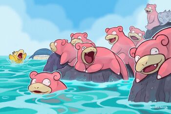 animal_focus bird blue_sky closed_eyes closed_mouth cloud duck fangs gen_1_pokemon nintendo no_humans ocean open_mouth outdoors pokemon pokemon_(creature) pokemon_focus psyduck rock sky slowbro slowpoke smile squeegool tail teeth water whale yawning