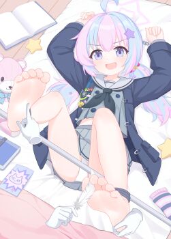1girl 2others arms_up barefoot black_neckerchief blue_archive blue_coat blue_hair chinese_commentary coat commentary_request cropped_shirt disembodied_hand eugenecolin feathers full_body grey_shirt grey_skirt hair_ornament halo highres holding holding_feather indoors large_variant_set legs_up loli long_sleeves lying midriff_peek miniskirt multiple_others neckerchief on_back open_clothes open_coat open_mouth panties pink_hair pink_halo pleated_skirt poking purple_eyes reisa_(blue_archive) restrained sailor_collar saliva saliva_trail shirt skirt socks soles spreader_bar star_(symbol) star_hair_ornament star_halo striped_clothes striped_socks stuffed_animal stuffed_toy teddy_bear tickling tickling_feet toes twintails underwear unworn_socks variant_set white_panties white_sailor_collar