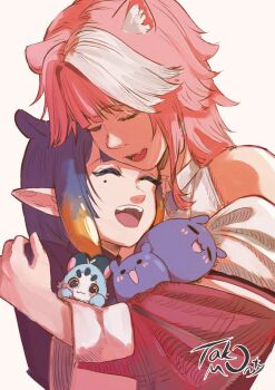 2girls ^_^ animal_ears chattino_(raora_panthera) closed_eyes collared_shirt commentary dated_commentary fang gradient_hair highres hololive hololive_english hug jacket mole mole_under_eye multicolored_hair multiple_girls ninomae_ina'nis off_shoulder open_mouth orange_hair panther_ears panther_girl pink_hair pink_jacket pointy_ears purple_hair purple_shirt raora_panthera raora_panthera_(1st_costume) shirt sidelocks simple_background single_hair_streak sleeveless sleeveless_shirt smile streaked_hair takodachi_(ninomae_ina'nis) takomonty teeth tentacle_hair upper_body upper_teeth_only virtual_youtuber white_background white_shirt white_streaks