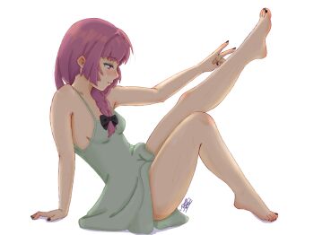 1girl arm_support arm_up armpit_crease armpits artist_name bare_legs bare_shoulders barefoot black_bow black_nails blush bocchi_the_rock! bow braid braided_ponytail breasts closed_mouth commentary dress english_commentary feet full_body green_dress hair_bow hair_over_shoulder hiroi_kikuri knees_together_feet_apart knees_up leg_up legs long_hair looking_to_the_side medium_breasts nail_polish purple_eyes purple_hair short_dress sideboob simple_background sitting solo sweat thighs toenail_polish toenails toes treepxiv white_background