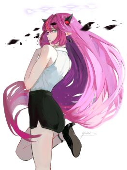 1girl bare_shoulders black_horns black_skirt blue_eyes commentary cowboy_shot earrings english_commentary from_behind highres hololive hololive_english horns irys_(hololive) jewelry miniskirt multicolored_hair pointy_ears purple_eyes purple_hair red_hair shadelett shirt simple_background skirt sleeveless sleeveless_shirt solo standing standing_on_one_leg streaked_hair two-tone_hair virtual_youtuber white_background white_shirt