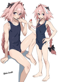 1boy absurdres astolfo_(fate) bare_arms bare_legs bare_shoulders barefoot black_one-piece_swimsuit bo_(bocky0w0) braid braided_ponytail bulge covered_erect_nipples fang fate/grand_order fate_(series) hair_intakes hand_on_own_hip highres holding holding_whistle long_hair looking_at_viewer male_focus multiple_views one-piece_swimsuit pink_hair purple_eyes school_swimsuit simple_background skin_fang smile swimsuit trap twitter_username whistle whistle_around_neck white_background