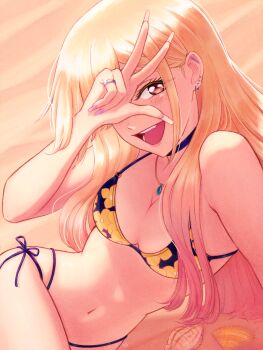 1girl absurdres arm_up barbell_piercing bare_arms bare_shoulders bikini black_choker blonde_hair breasts choker cleavage earrings fingernails floral_print floral_print_bikini hand_over_eye highres jewelry kitagawa_marin long_fingernails long_hair medium_breasts multiple_earrings navel open_mouth pendant piercing print_bikini red_eyes ring sand seashell shell side-tie_bikini_bottom smile solo sono_bisque_doll_wa_koi_wo_suru stomach swimsuit tan0915 thighs