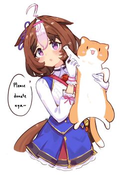 1girl ahoge animal animal_ears bag between_breasts blue_dress blush bow breasts brown_hair cat double-parted_bangs dress ear_ribbon english_text gloves hair_between_eyes hairband headband highres holding holding_animal holding_cat horse_ears horse_girl horse_tail long_sleeves looking_at_viewer medium_hair meisho_doto_(turbulent_blue)_(umamusume) meisho_doto_(umamusume) meto_(cat) multicolored_hair open_mouth pink_hairband pink_headband purple_eyes shirt short_hair shoulder_bag simple_background smile speech_bubble strap_between_breasts tail two-tone_hair ukichan22905846 umamusume waving white_background white_dress white_gloves white_hair
