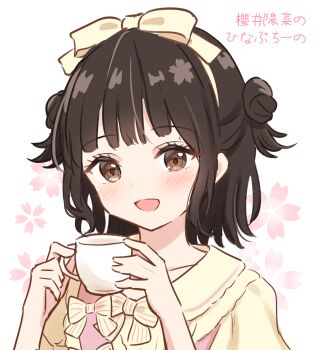 1girl absurdres animification black_hair blunt_bangs collarbone commentary_request cup double_bun dress hair_bun hanazora_satsuki highres holding holding_cup looking_at_viewer mug pink_background real_life sakurai_hina sakuramon short_hair short_sleeves sidelocks solo two_side_up upper_body voice_actor yellow_dress