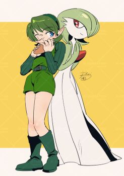 1girl 1other belt blue_eyes boots closed_mouth commentary_request crossover gardevoir gen_3_pokemon green_boots green_hair green_tunic holding holding_instrument holding_ocarina instrument kokiri nintendo one_eye_closed pointy_ears pokemon pokemon_(creature) rani_grb red_eyes saria_(zelda) signature smile standing the_legend_of_zelda the_legend_of_zelda:_ocarina_of_time tunic watermark watermark_grid