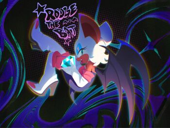1girl animal_ears animal_nose aqua_eyes artist_name bare_shoulders bat_ears bat_girl bat_wings black_background black_bodysuit blue_eyes blue_eyeshadow blue_gem blue_outline body_fur bodysuit boots breasts character_name chromatic_aberration closed_mouth elbow_gloves english_text eyelashes eyeshadow fang floating flying from_side full_body furry furry_female gem gloves green_eyes green_gem half-closed_eyes halftone halftone_background happy high_heel_boots high_heels highres holding knee_boots leg_up lipstick looking_at_viewer looking_to_the_side makeup omentu5 open_mouth outline purple_wings rouge_the_bat short_hair sideways_mouth smile solo sonic_(series) star_(symbol) tail teeth thigh_boots white_fur white_gloves white_hair wings