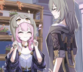2girls black_coat breasts character_hat coat commentary_request cyrene_(honkai:_star_rail) cyrene_(philia093)_(honkai:_star_rail) dress ear_wiggle highres honkai:_star_rail honkai_(series) jewelry long_hair medium_hair mitsumitsu_4160 multicolored_hair multiple_girls necklace nervous_smile nervous_sweating pink_hair purple_coat small_breasts smile stelle_(honkai:_star_rail) sweat trailblazer_(honkai:_star_rail) two-tone_hair white_dress white_hair