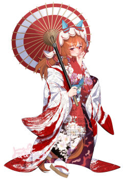 Rule 34 | 1girl, alternate costume, animal ears, blue sash, blush, brown hair, clothing request, floral print, floral print kimono, hand on own face, highres, holding, holding umbrella, horse ears, horse girl, horse tail, jacket, japanese clothes, kimono, long hair, looking at viewer, obi, open mouth, print kimono, red eyes, red jacket, red umbrella, sandals, sash, sidelocks, socks, solo, still in love (umamusume), tail, umamusume, umbrella, veil, white kimono, white socks, white veil, wide sleeves, yomean!