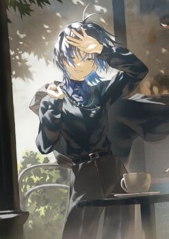 Rule 34 | 1girl, antenna hair, black hair, black sweater, blue eyes, blue hair, blue shirt, collared shirt, fagi (kakikaki), gradient hair, grey jacket, hiodoshi ao, hiodoshi ao (1st costume), holding, holding jacket, holding unworn clothes, hololive, hololive dev is, jacket, jacket over shoulder, jewelry, mole, mole under mouth, multicolored hair, necklace, one eye closed, shirt, solo, sweater, unworn jacket, virtual youtuber, wolf cut