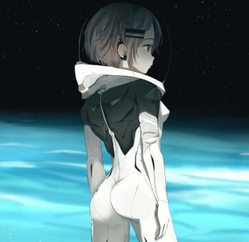 Rule 34 | 1girl, bad id, bad twitter id, bodysuit, brown eyes, brown hair, earpiece, earth (planet), expressionless, hair ornament, hairclip, horizon, inactive account, masuda (yousaytwosin), original, planet, short hair, space, spacesuit, star (sky)