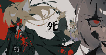 2girls animal_ears arknights blood blood_on_clothes blood_on_face chinese_text commentary english_commentary flower fox_ears fox_tail ghost_(tama) highres lily_of_the_valley long_hair multiple_girls necktie red_eyes red_necktie suzuran_(arknights) tail vulpisfoglia_(arknights)