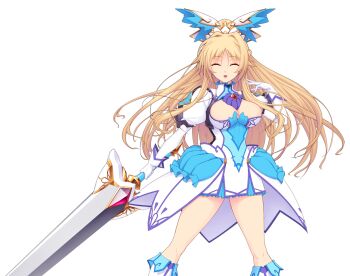 1girl blonde_hair boots breasts cleavage cleavage_cutout closed_eyes clothing_cutout dress erika_la_etienne game_cg gloves hair_ornament holding knee_boots kourin_tenshi_en_ciel_rena large_breasts large_variant_set long_hair magical_girl non-web_source official_art open_mouth puffy_sleeves saitou_natsuki skirt smile solo suhamaya sword transparent_background variant_set weapon white_gloves