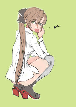 1girl absurdres akigumo_(kancolle) akigumo_kai_ni_(kancolle) ass atm87 boots brown_hair collared_shirt commentary_request condom condom_wrapper dress_shirt eighth_note from_behind green_background green_eyes grey_boots highres kantai_collection long_hair looking_at_viewer mole mole_under_eye mouth_hold musical_note no_panties ponytail shirt solo squatting white_shirt