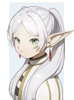 1girl border capelet closed_mouth earrings elf frieren green_eyes grey_hair highres jewelry long_hair looking_at_viewer noro_zt parted_bangs pointy_ears solo sousou_no_frieren twintails upper_body white_border white_capelet white_hair