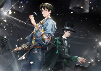 2boys aiguillette asian belt black_bow black_bowtie black_cape black_hair black_hat black_jacket black_pants blazer blue_jacket blue_pants bow bowtie brown_eyes buttons cable cape character_request chinese_commentary closed_mouth collared_jacket collared_shirt collared_vest commentary_request cowboy_shot cross-laced_clothes cross-laced_sleeves denim denim_jacket dress_pants dress_shirt earrings eyewear_on_head food food_print fruit fruit_print grey_vest hat holding holding_microphone idol instrument jacket jeans jewelry lapels layered_sleeves light_particles lips long_sleeves male_focus medal microphone multiple_boys music night night_sky notched_lapels open_clothes open_jacket outdoors pants parted_lips peaked_lapels petals playing_instrument playing_piano pocket pomegranate puffy_long_sleeves puffy_sleeves red_belt shirt short_hair singing sky sleeves_past_wrists smile sparkle stage stereo stud_earrings sunglasses teeth the_tale_of_food thick_eyebrows tinted_eyewear top_hat traditional_bowtie vest white_shirt ye_dian_pikaqiu yellow-tinted_eyewear