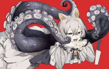 1girl animal_ears black_eyes commentary_request fangs grey_hair highres monster_girl nt_rum open_mouth original palms_together red_background scylla short_hair skirt tentacles