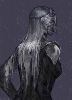 1girl black_background covered_face dark_souls_(series) dark_souls_iii facing_away from_behind grey_hair highres jivynni long_hair mask solo standing upper_body yuria_of_londor