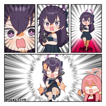 2girls aru_(blue_archive) aru_(dress)_(blue_archive) bare_shoulders black_dress blank_eyes blue_archive blue_shoes breasts capriccyo cleavage clothing_cutout commentary_request dress earrings emphasis_lines fabarm_fp6 gun hair_between_eyes halo haruka_(blue_archive) haruka_(dress)_(blue_archive) holding holding_gun holding_weapon horns jewelry long_hair medium_breasts multiple_girls open_mouth pink_hair pump_action purple_eyes purple_hair red_dress running shoes shotgun shoulder_cutout twitter_username very_long_hair wavy_mouth weapon