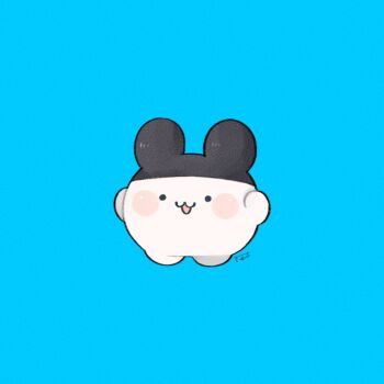 :3 blue_background blush_stickers commentary creature creature_focus full_body looking_at_viewer mimitchi no_humans open_mouth rabbit simple_background smile solid_circle_eyes solo tamagotchi tamagotchi_(creature) tenmiyakiyo