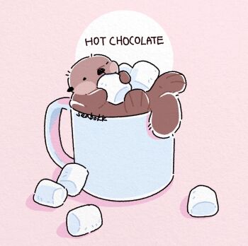 animal animal_focus artist_name commentary cup eating food holding holding_food hot_chocolate marshmallow mug no_humans original otter pink_background seabokk symbol-only_commentary undersized_animal