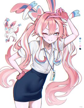 1girl absurdres animal_ears aqua_eyes aqua_streaks arm_above_head artist_name black_skirt blue_streaks blush bright_pupils closed_mouth collared_shirt covered_navel cowboy_shot dot_nose gen_6_pokemon gloves hair_between_eyes hand_on_own_hip haze_(7h4ze) highres id_card lanyard looking_at_viewer making-of_available multicolored_hair nintendo office_lady one_eye_closed original pencil_skirt personification pink_gloves pink_hair pokemon pokemon_(creature) reference_inset shirt short_sleeves simple_background skirt smile standing sylveon twintails v white_background white_pupils white_shirt white_streaks