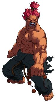 Rule 34 | 1boy, absurdres, akuma (street fighter), angry, barefoot, beads, bengus, clenched hands, dougi, full body, game cg, highres, male focus, marvel vs. capcom, muscular, muscular male, no eyebrows, non-web source, official art, open mouth, prayer beads, red eyes, red hair, simple background, solo, street fighter, teeth, topknot, topless male, torn clothes, torn sleeves, upper body, white background, x-men vs. street fighter
