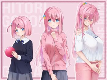 1girl aged_down aged_up alternate_breast_size_(larger) alternate_costume blue_eyes bocchi_the_rock! english_text gotoh_hitori highres pink_hair twitter upper_body yoru0409