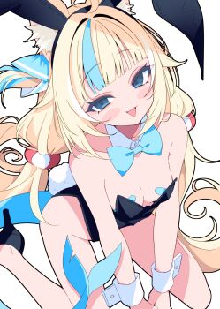 1girl alternate_costume animal_ears bandaid bandaids_on_nipples black_leotard black_shoes blonde_hair blue_streaks breasts cat_ears cleavage fake_tail fins fish_girl fish_tail high_heels highres ichijo_rei indie_virtual_youtuber leotard long_hair looking_at_viewer multicolored_hair open_mouth pasties rabbit_tail sameko_saba shoes small_breasts smile solo streaked_hair tail very_long_hair virtual_youtuber white_wrist_cuffs wrist_cuffs