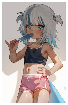 1girl blue_eyes blue_hair cowboy_shot dolphin_shorts fins fish_tail flat_chest food gawr_gura hair_ornament hololive hololive_english kani_fish loli looking_at_viewer multicolored_hair navel pink_shorts popsicle shark_girl shark_hair_ornament shark_tail shorts solo streaked_hair tail two_side_up virtual_youtuber white_hair