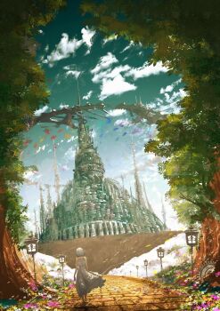 1girl absurdres album_cover architecture barefoot chooco_(chocoshi) chromatic_aberration city clothes_lift cloud cover dress dress_lift floating_island flower from_behind gears gothic_architecture highres lamppost off-shoulder_dress off_shoulder original outdoors petals scenery short_hair sky solo tree walking white_dress white_hair wide_shot