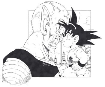 2boys anger_vein angry antennae artist_name bloodshot_eyes building child cloud dougi dragon_ball dragon_ball_(classic) enemies fenyon flying_nimbus full_body hands_on_own_hips heads_together looking_at_another multiple_boys outdoors parted_lips piccolo_daimaou portrait son_goku spiked_hair tail teeth