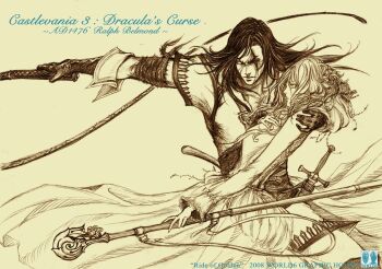 1boy 1girl brown_theme castlevania_(series) castlevania_iii:_dracula's_curse daburoku highres knife konami monochrome polearm ralph_c_belmont sketch sypha_belnades trevor_belmont trevor_c._belmont weapon whip yellow_background