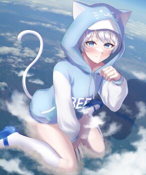 1boy absurdres blue_sky cat_girl cloud commission giant giantess highres hood hoodie hydrocatvt_(vtuber) jacket numaguro_(tomokun0808) original sitting skeb_commission sky trap