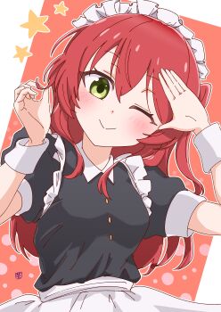 1girl ;&gt; absurdres alternate_costume apron black_dress blush bocchi_the_rock! breasts circle closed_mouth collar contrast_collar dress dutch_angle enmaided green_eyes hair_between_eyes hands_up highres illustratorhide kita_ikuyo long_hair maid maid_headdress one_side_up open_hand original puffy_short_sleeves puffy_sleeves red_background red_hair short_sleeves simple_background small_breasts solo star_(symbol) tareme upper_body waist_apron white_collar white_wrist_cuffs wrist_cuffs