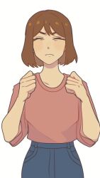 1girl animal animated blue_pants blush brown_hair cat clenched_hands clip_studio_paint_(medium) close-up closed_eyes closed_mouth cowboy_shot denim facing_viewer holding holding_animal holding_cat jeans looking_at_viewer meowing open_hands open_mouth orange_cat original pants pink_shirt purring sharlene_yap shirt short_hair short_sleeves simple_background solo sound standing tabby_cat video white_background yellow_eyes