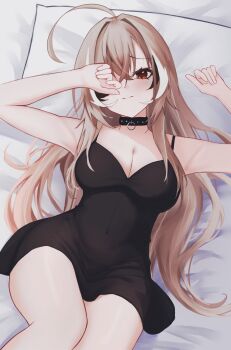 Rule 34 | 1girl, absurdres, ahoge, black dress, breasts, brown eyes, brown hair, cleavage, cowboy shot, dress, highres, hololive, hololive english, large breasts, long hair, lying, nanashi mumei, on back, on bed, one eye covered, saltdcrmell, solo, spaghetti strap, virtual youtuber