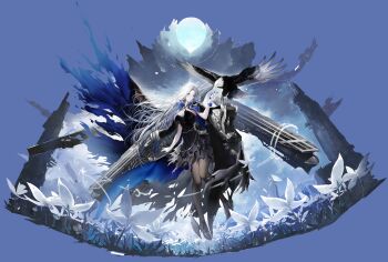 1girl absurdres azur_lane bald_eagle bird black_cape black_coat black_dress black_pantyhose blue_eyes blue_flower bracelet cape coat coat_on_shoulders dress eagle flight_deck flower flower_bracelet full_body highres jacket jacket_on_shoulders jewelry long_hair looking_at_viewer non-web_source official_art pantyhose rigging solo torn_cape torn_clothes torn_dress very_long_hair white_hair yorktown_(azur_lane) yorktown_(meta)_(azur_lane)