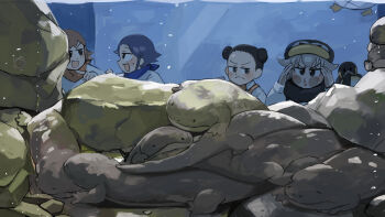 2boys 2girls :d absurdres aquarium bird black_hair black_scarf blue_hair blue_haired_boy_(diva) commentary diva_(hyxpk) donut_stamp double_bun duck english_commentary frown giant_salamander grey_hair hair_bun hat highres king_penguin lion_shirt_boy_(diva) multiple_boys multiple_girls open_mouth penguin penguin_hat penguin_keeper_(diva) red_hair rock scarf shirt short_hair smile survey_girl_(diva) white_shirt zoo zookeeper zookeepers_(diva)